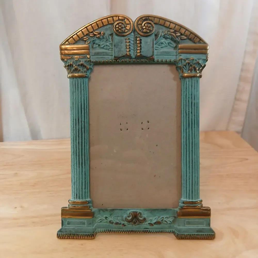 Vintage Greek Revival Metal Faux Verdigris & Gold Picture Frame 4x6 Photo Insert